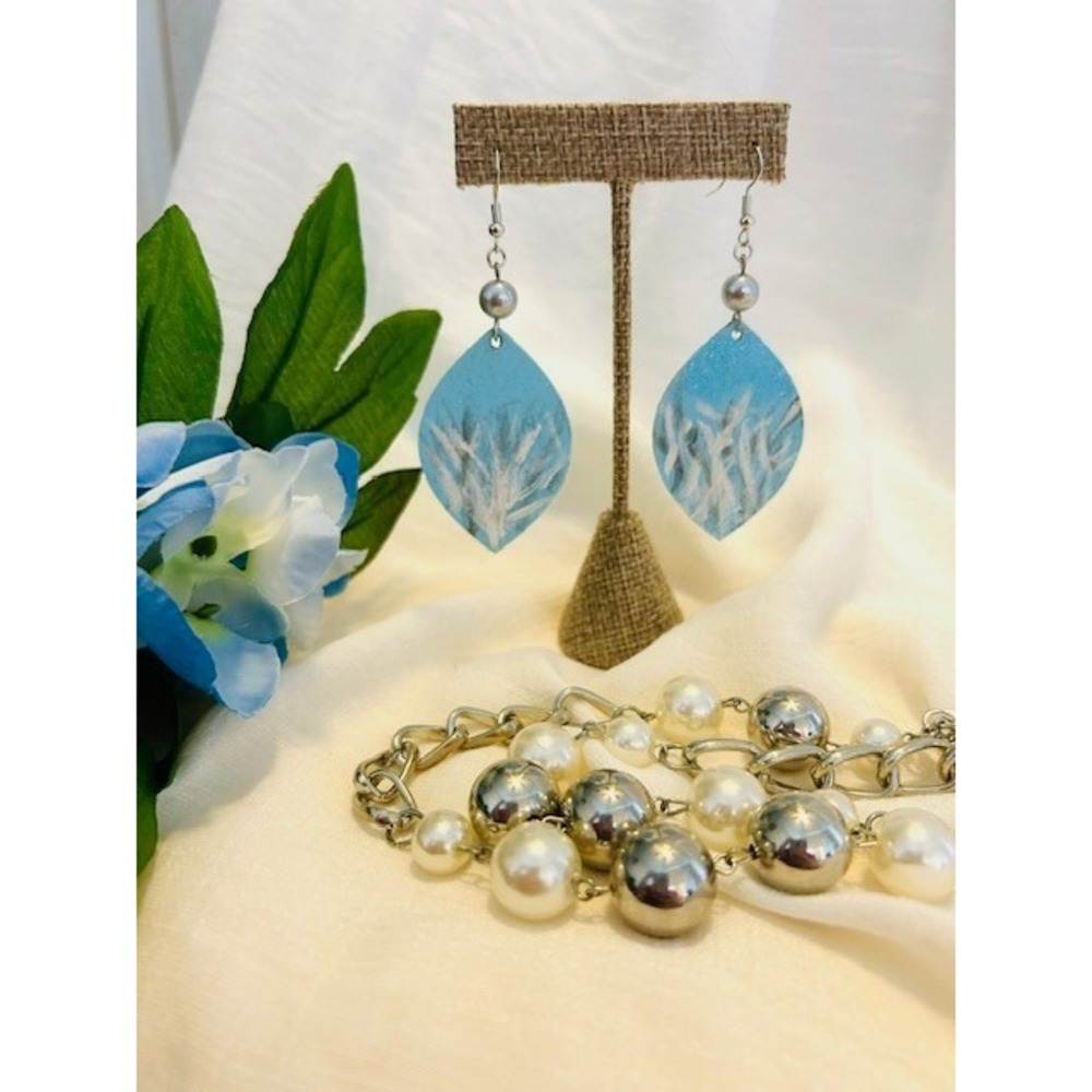 Hand Painted Blue White Leaf Drop Earrings Silver Tone Fish Hook Dangle Glitter